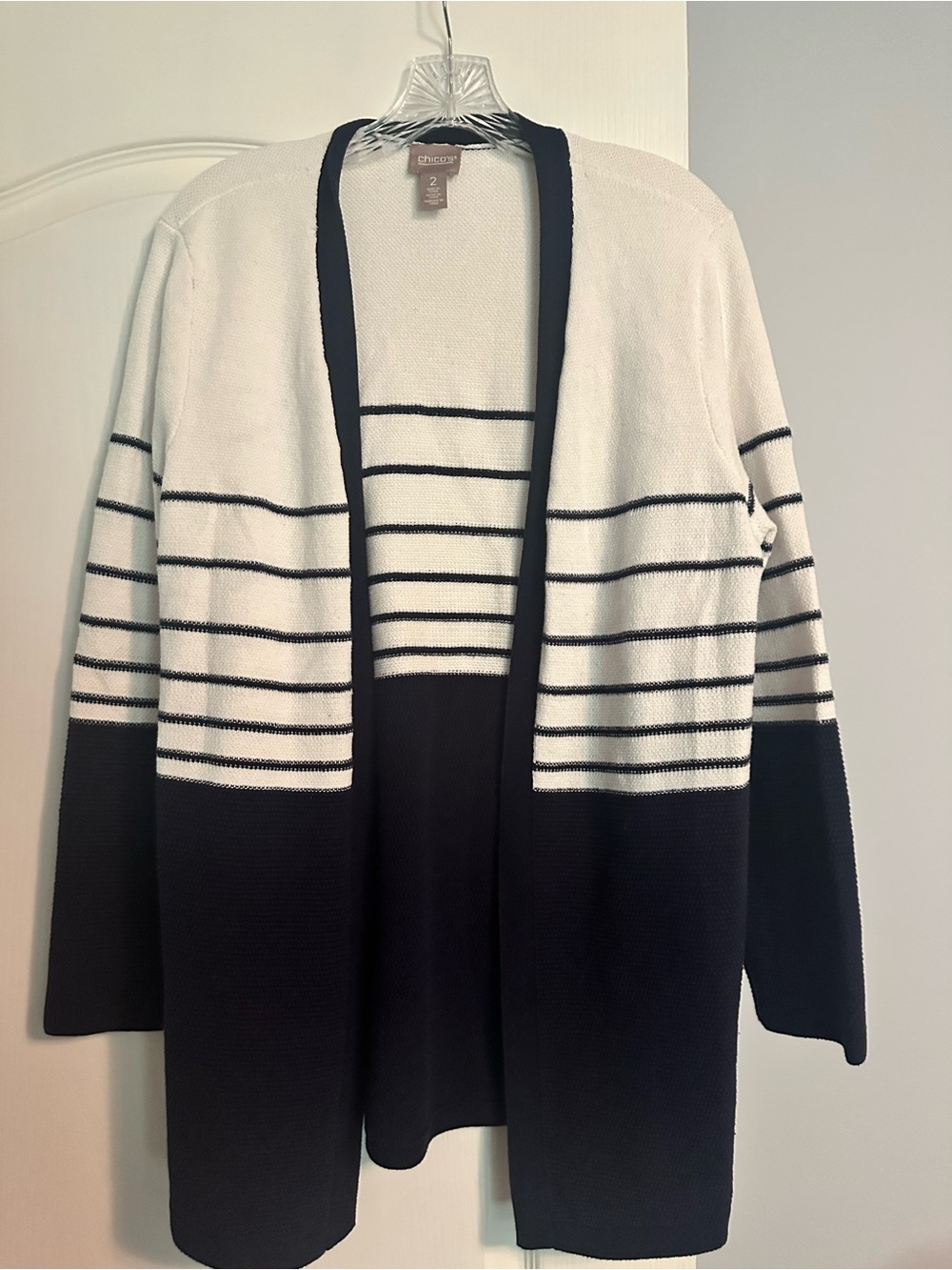 Chico's Black & White Open-Front Striped Cardigan